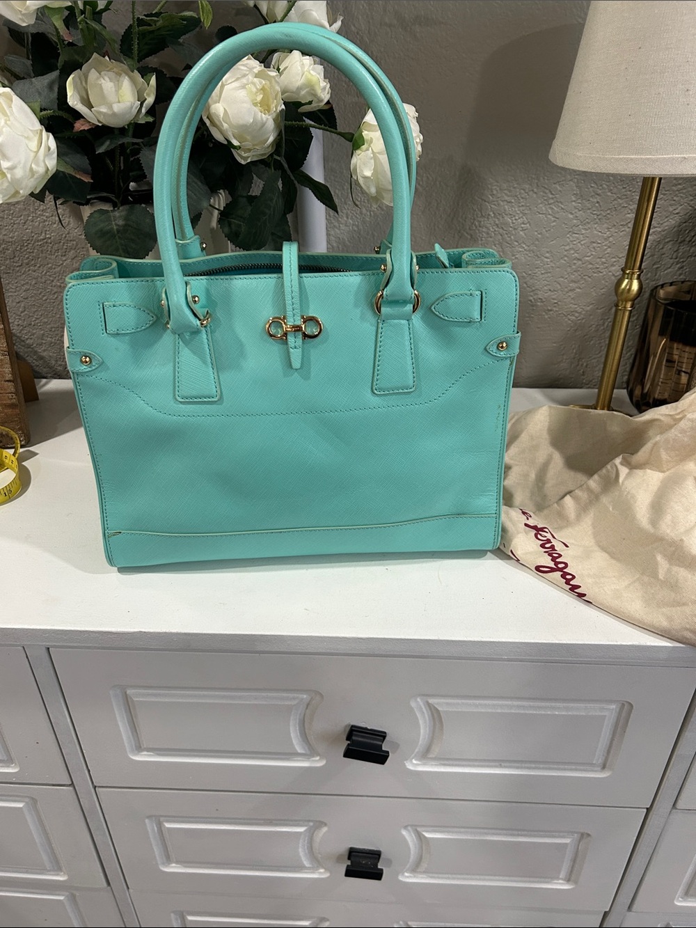Authentic Salvatore Ferragamo Briana Turquoise Leather Tote with Gold Hardware